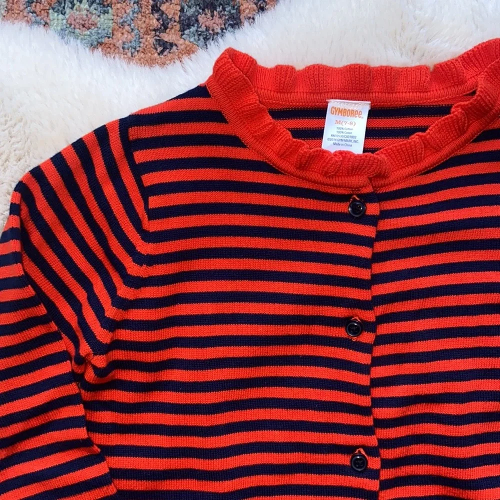 Gymboree girls striped sweater orange red and navy blue ruffle neck size M 7/8